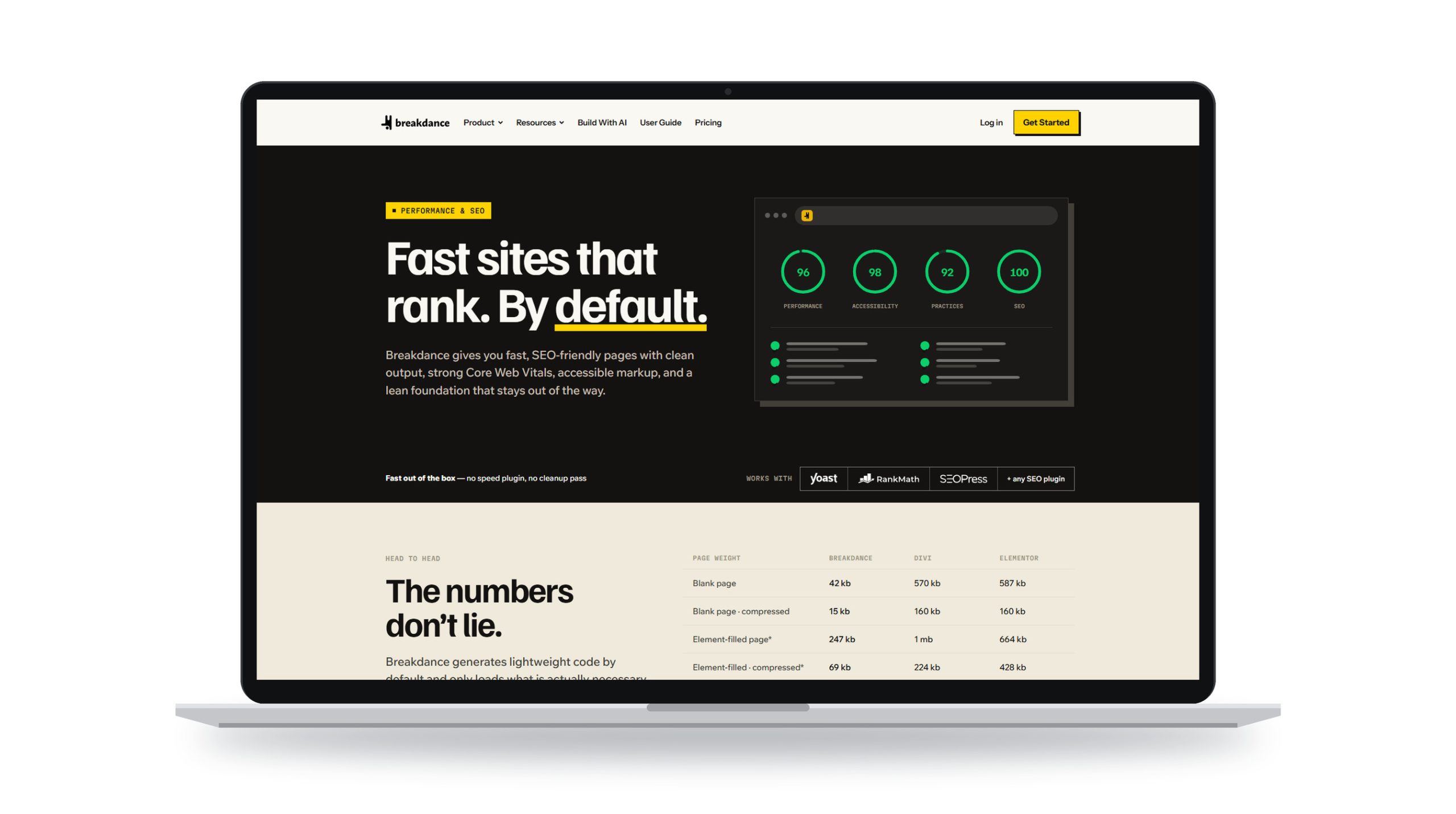 AI SEO: page speed and SEO scores for a Breakdance website, shown on a laptop