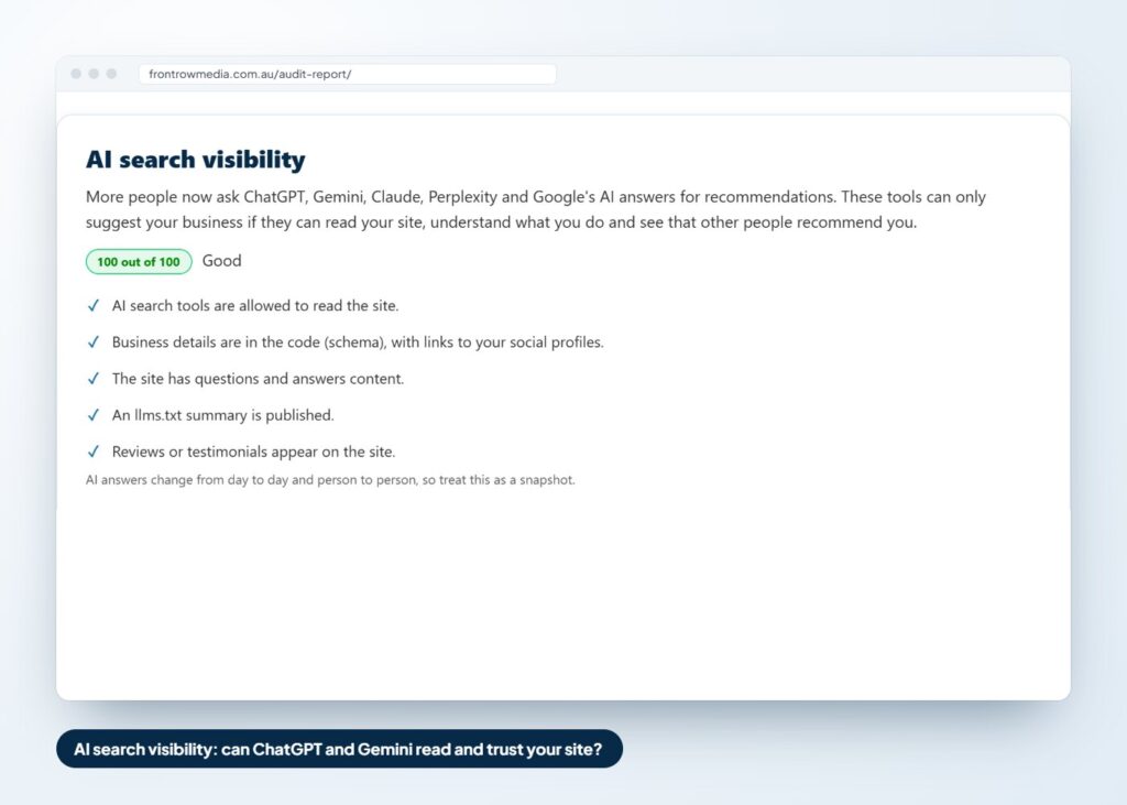 AI search visibility section of the website audit, checking whether ChatGPT and Gemini can read and trust the site