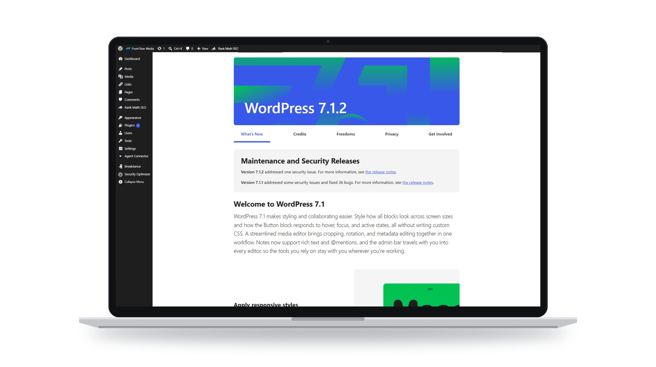 WordPress 7.1 dashboard with the Breakdance builder, shown on a laptop